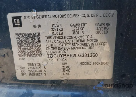 2020 Chevrolet Silverado 1500 4Wd Short Bed Custom из США, поврежденный, VIN 3GCUYBEF2LG331360